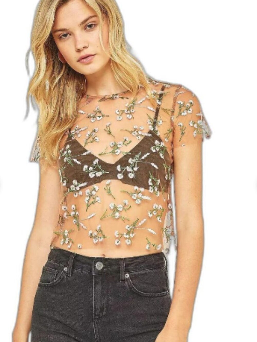 Urban Outfitters Kimchi Blue Lilac Embroidered Sheer Short Sleeve Tee Beige NWT